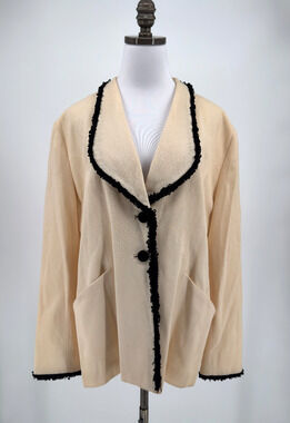 Vintage Lilli Ann Cream Wool Chenille Trim Collared Button Up Blazer Jacket